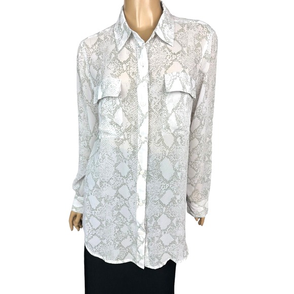 A.N.A. Gray & White Sheer Blouse Size M Long Sleeve Button Front Polyester - Picture 1 of 7